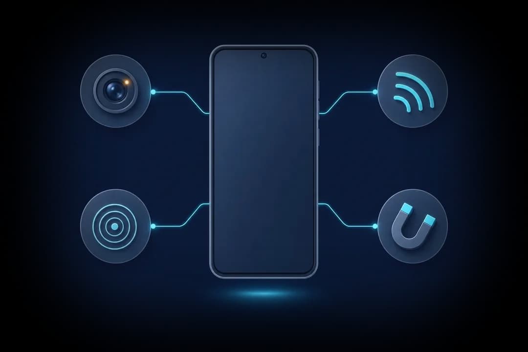 A phone connected to four check types: camera lens, Wi-Fi, Bluetooth and magnetic sensor