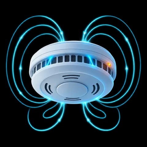 Illustration of a small wall-mounted device with magnetic field lines around it and one amber point marking where a lens could sit