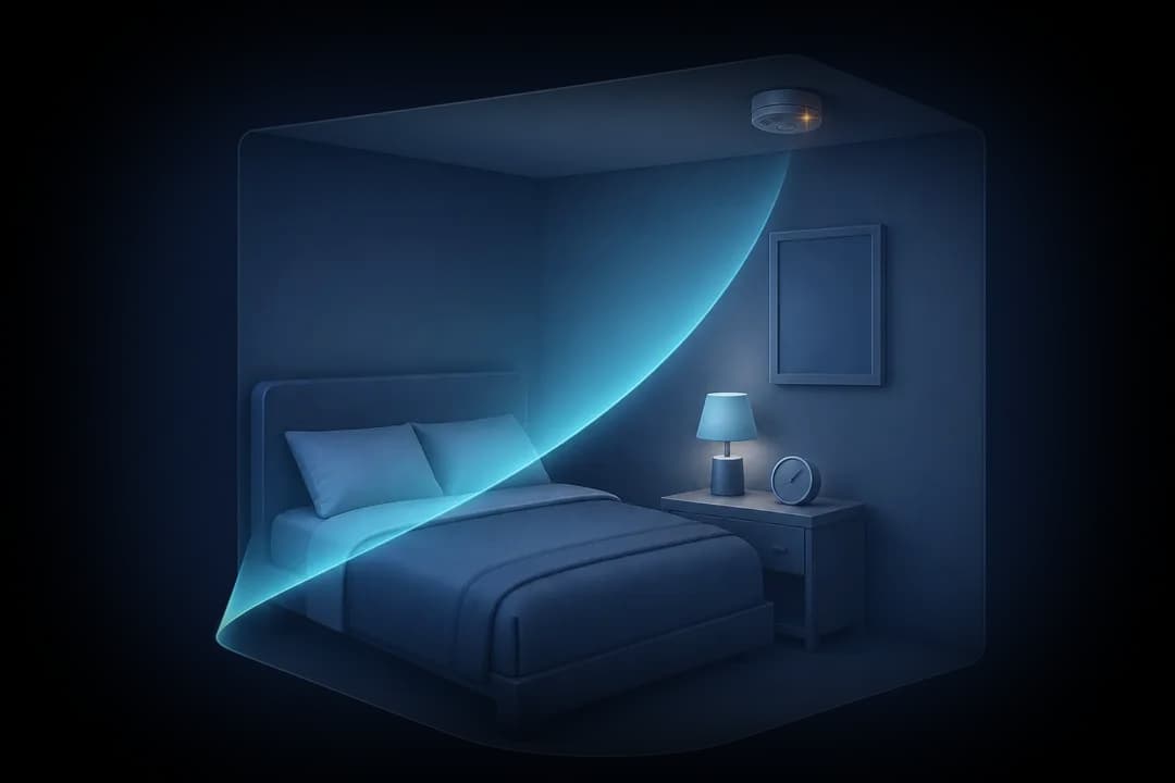 Illustration of a bedroom being checked for hidden cameras, with the ceiling above the bed among the areas to inspect