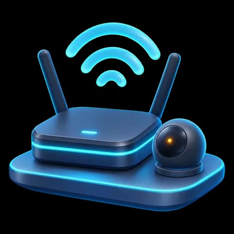 Illustration of a home router next to a small dome camera, representing the devices a Wi-Fi scan lists, a smart TV among them